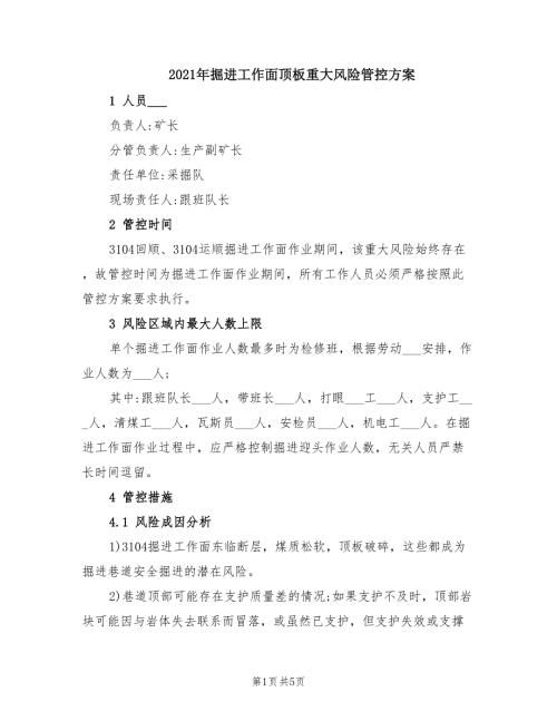 2021年掘进工作面顶板重大风险管控方案.doc