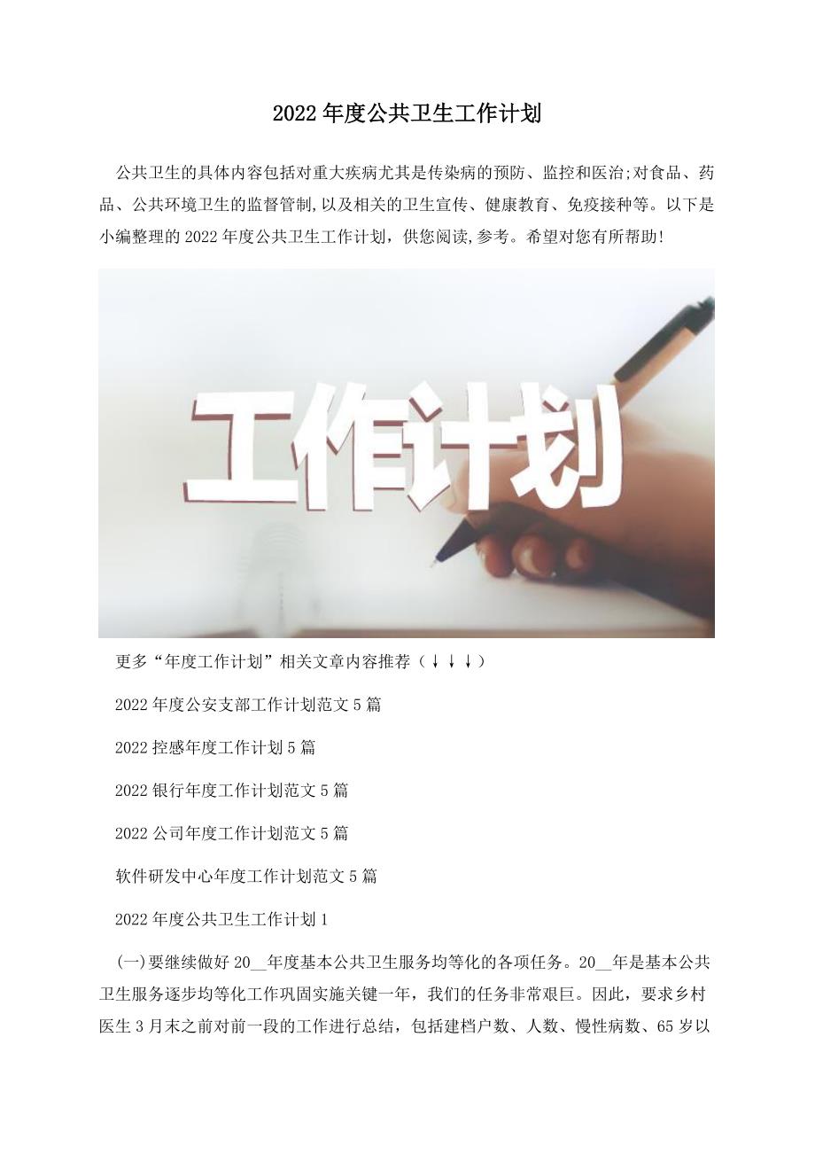 2022年度公共卫生工作计划.docx_第1页