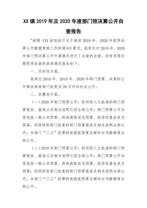 XX镇及2020部门预决算公开自查报告.doc
