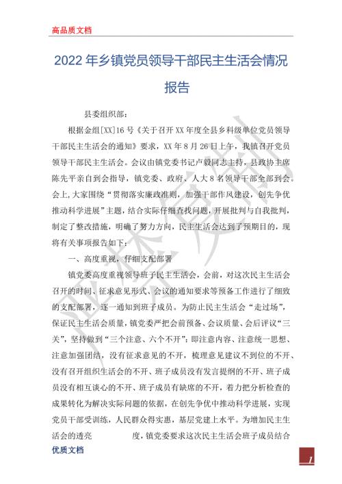 2022年乡镇党员领导干部民主生活会情况报告.docx