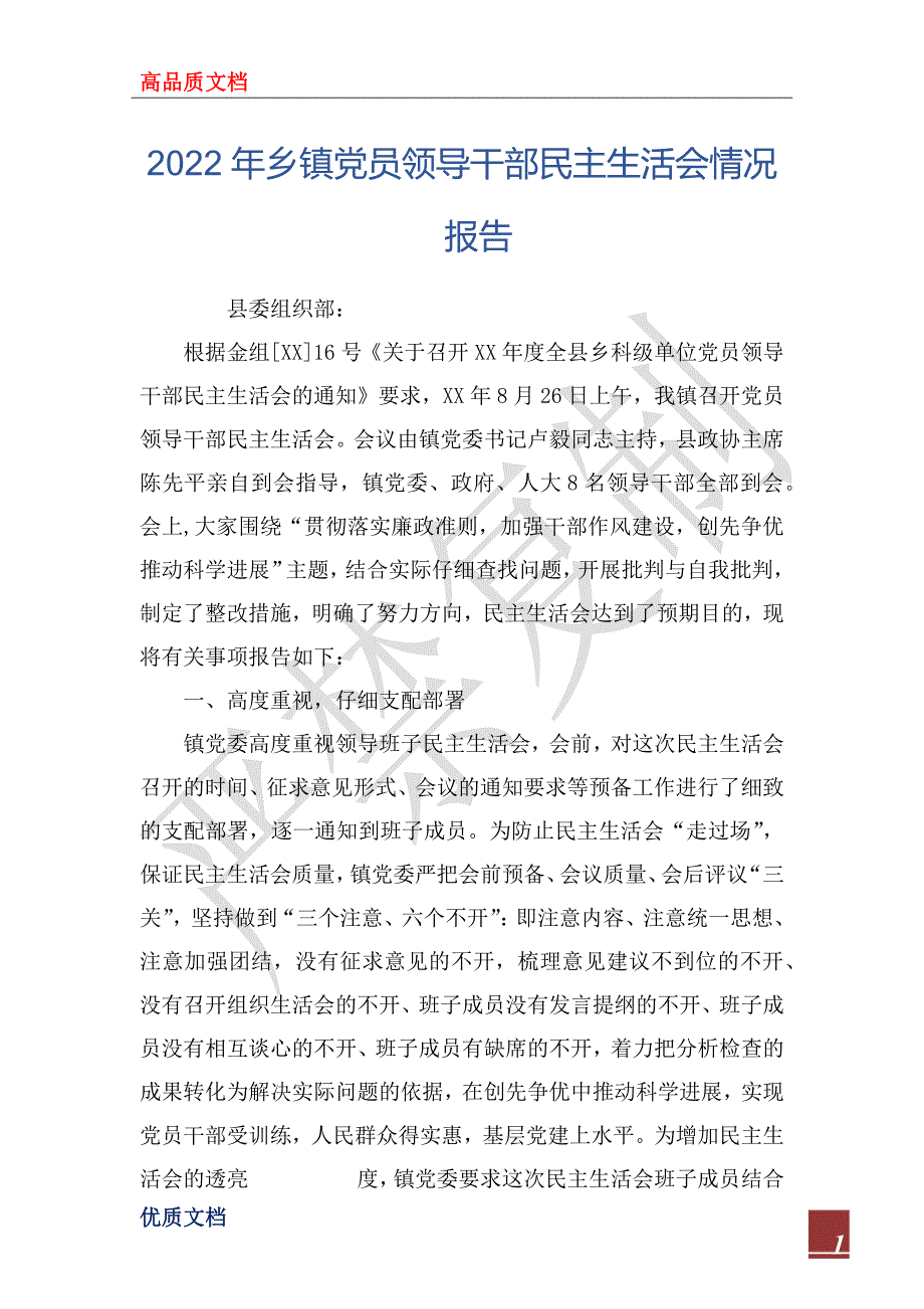 2022年乡镇党员领导干部民主生活会情况报告.docx_第1页