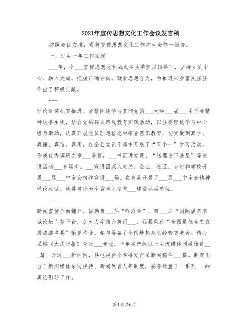 2021年宣传思想文化工作会议发言稿.doc