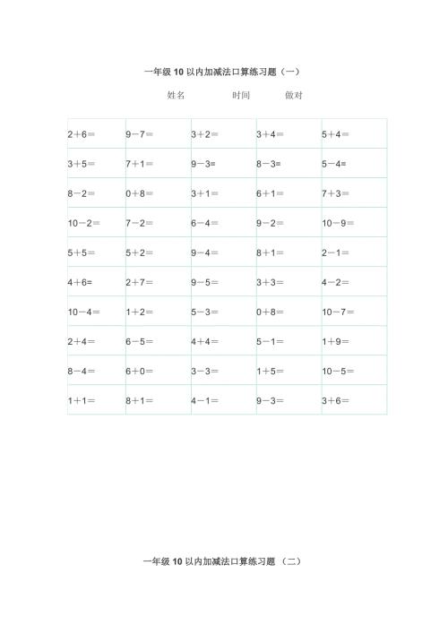 一年级10以内加减法口算练习题下载后可直接打印.doc