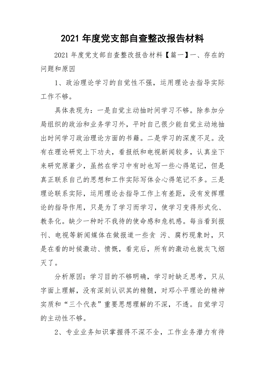 2021年度党支部自查整改报告材料.doc_第1页