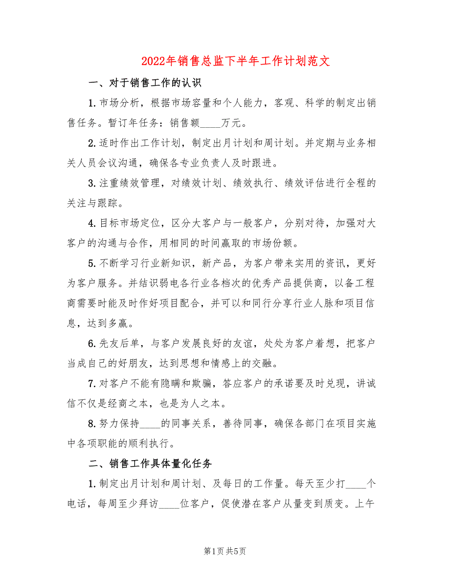 2022年销售总监下半年工作计划范文.doc_第1页