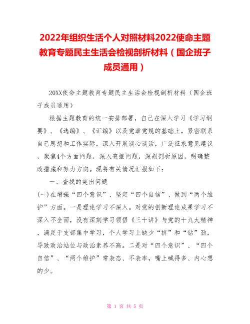 2022年组织生活个人对照材料2022使命主题教育专题民主生活会检视剖析材料国企班子成员通用.doc