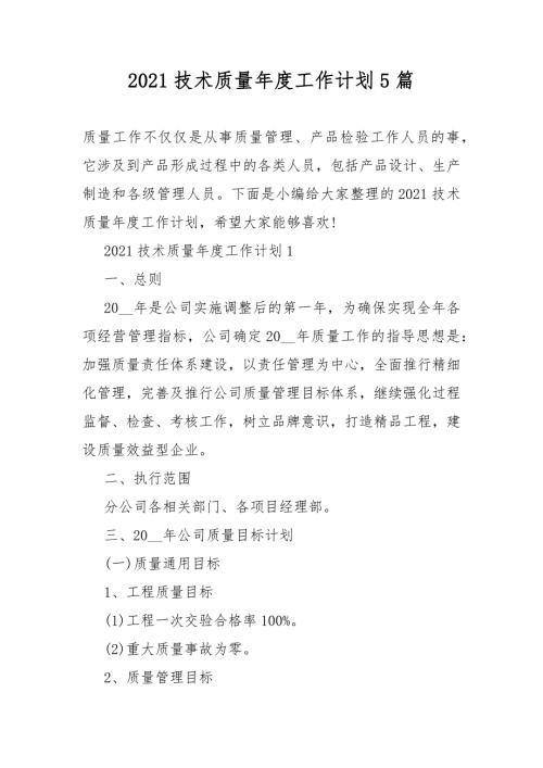 2021技术质量年度工作计划总结5篇.DOCX