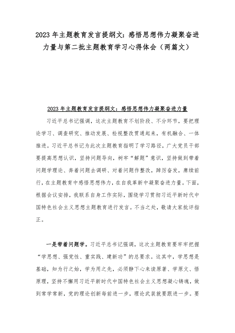 2023年主题教育发言提纲文感悟思想伟力凝聚奋进力量与第二批主题教育学习心得体会两篇文.docx_第1页
