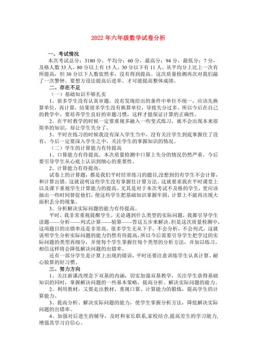 2022年六年级数学试卷分析.doc