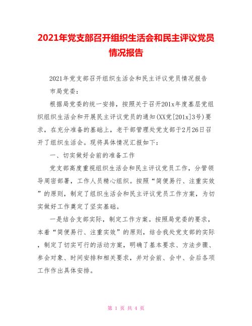 2021年党支部召开组织生活会和民主评议党员情况报告.doc