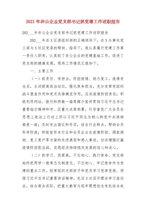 2021年非公企业党支部书记抓党建工作述职报告.docx