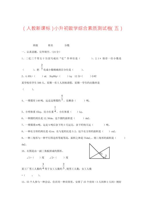 2022人教版六年级数学小升初综合素质测试卷.doc