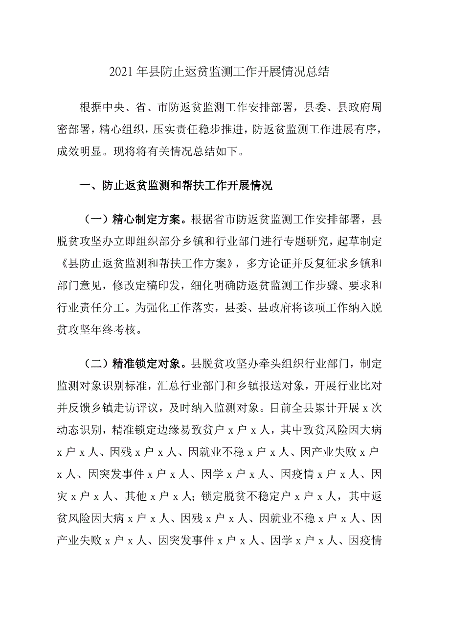 2021年县防止返贫监测工作开展情况总结.docx_第1页