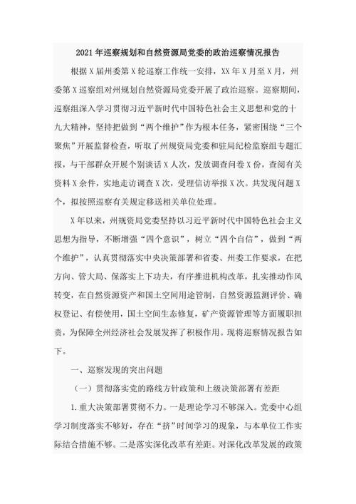 2021年巡察规划和自然资源局党委的政治巡察情况报告七页.doc