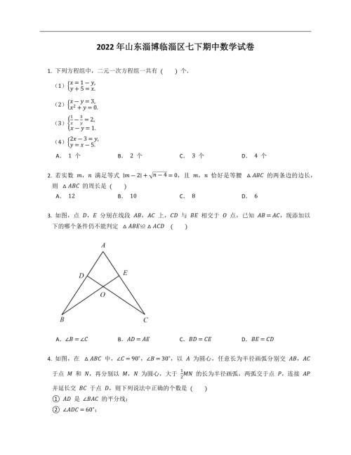 2022年山东淄博临淄区七下期中数学试卷含答案.docx
