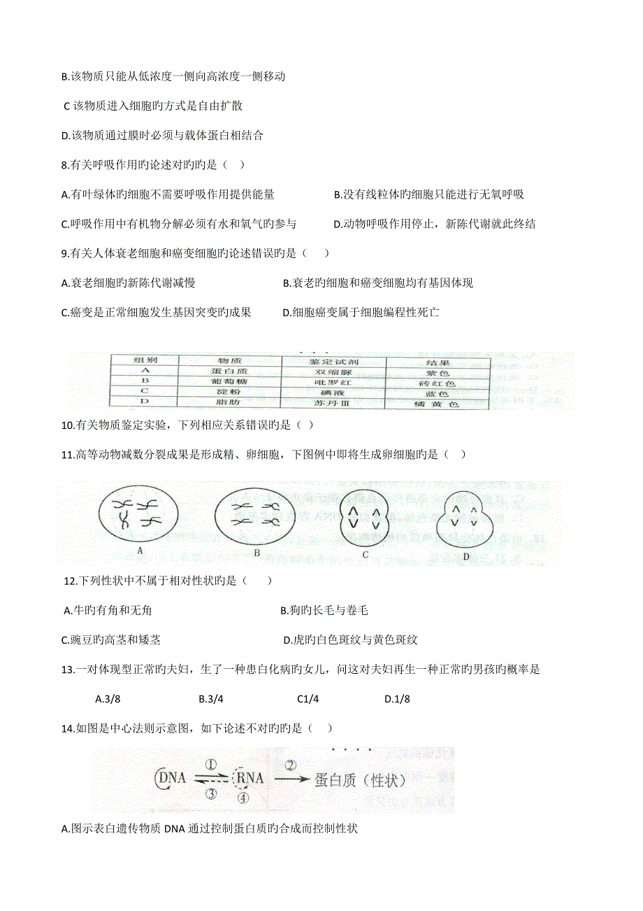 2022内蒙古普通高中学业水平测试生物考试试卷.doc_第2页