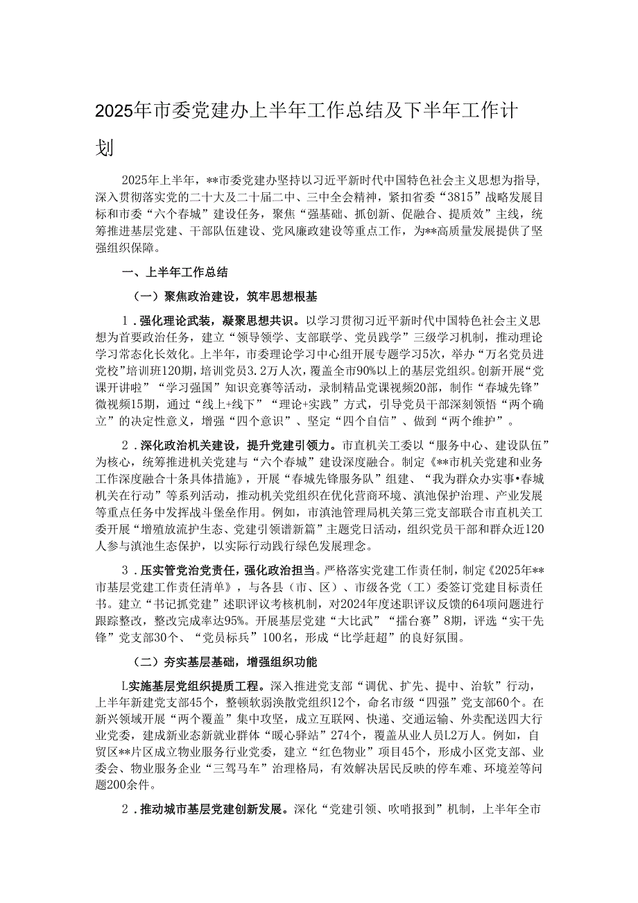 2025年市委党建办上半年工作总结及下半年工作计划.docx_第1页