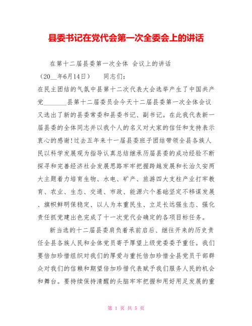 县委书记在党代会第一次全委会上的讲话.doc