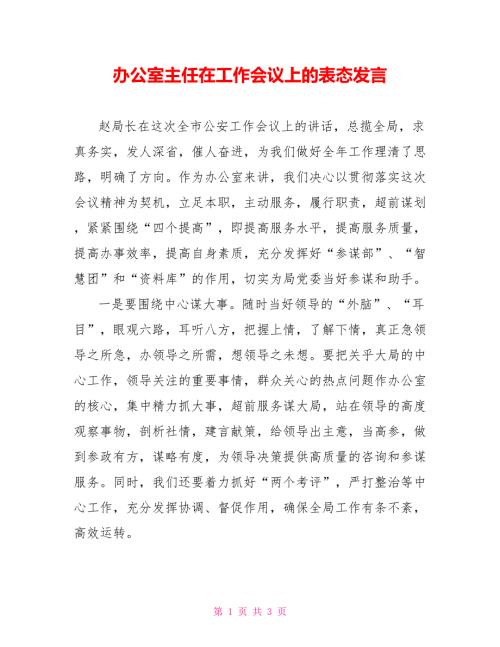 办公室主任在工作会议上的表态发言.doc