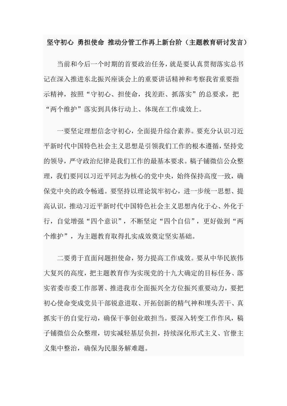 坚守初心勇担使命推动分管工作再上新台阶主题教育研讨发言.doc_第1页