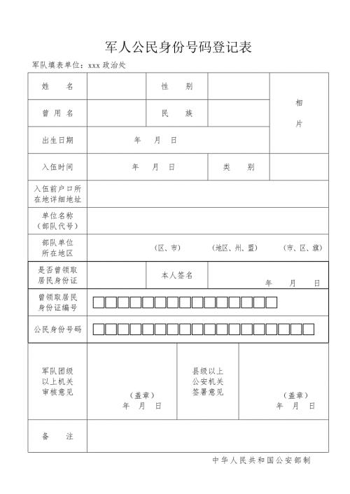 公民身份证号码登记表版.doc