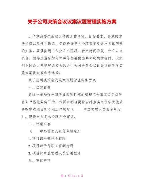关于公司决策会议议案议题管理实施方案.doc