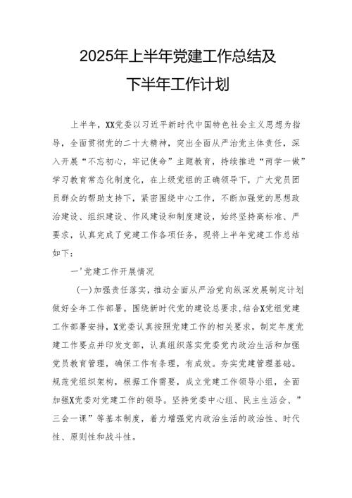 2025年上半年党建工作总结及下半年工作计划（汇编10份）.docx