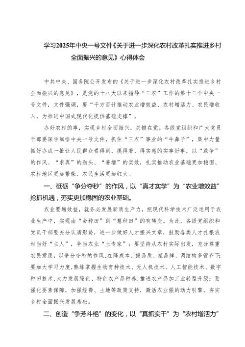 【3篇】学习2025年中央一号文件《关于进一步深化农村改革扎实推进乡村全面振兴的意见》心得体会（精编版）.docx