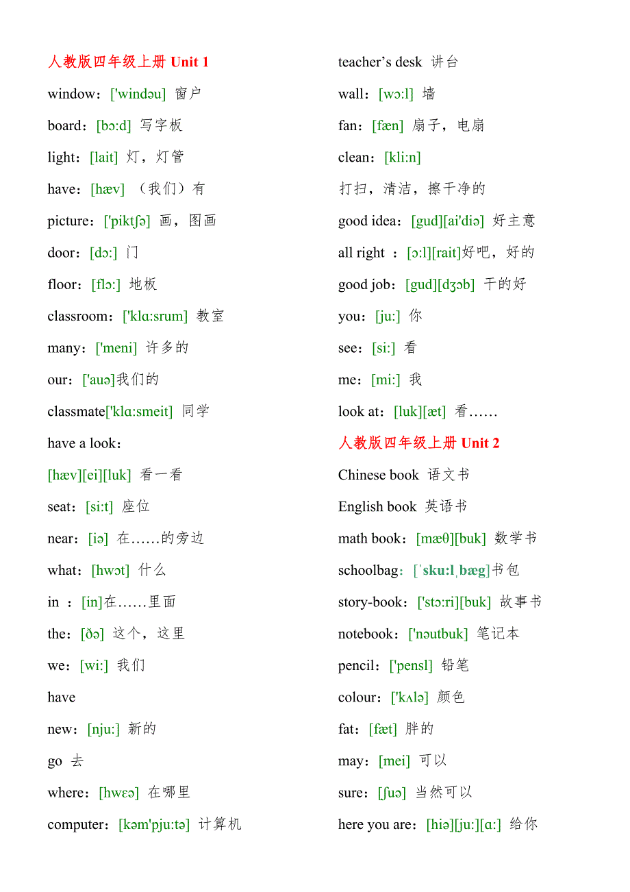 人教版英语四年级上册单词.doc_第1页