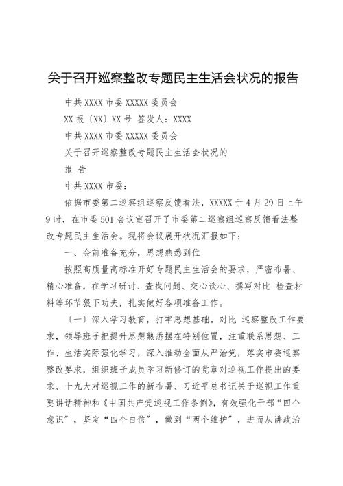 关于召开巡察整改专题民主生活会情况的报告.doc