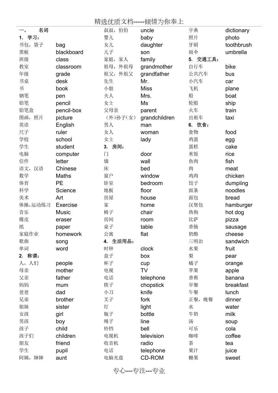外研版小学英语三年级至五年级核心词汇分类表.docx_第1页