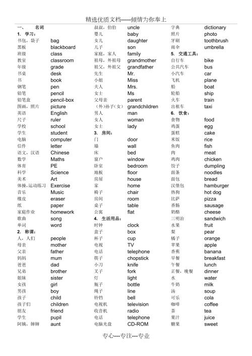 外研版小学英语三年级至五年级核心词汇分类表.docx