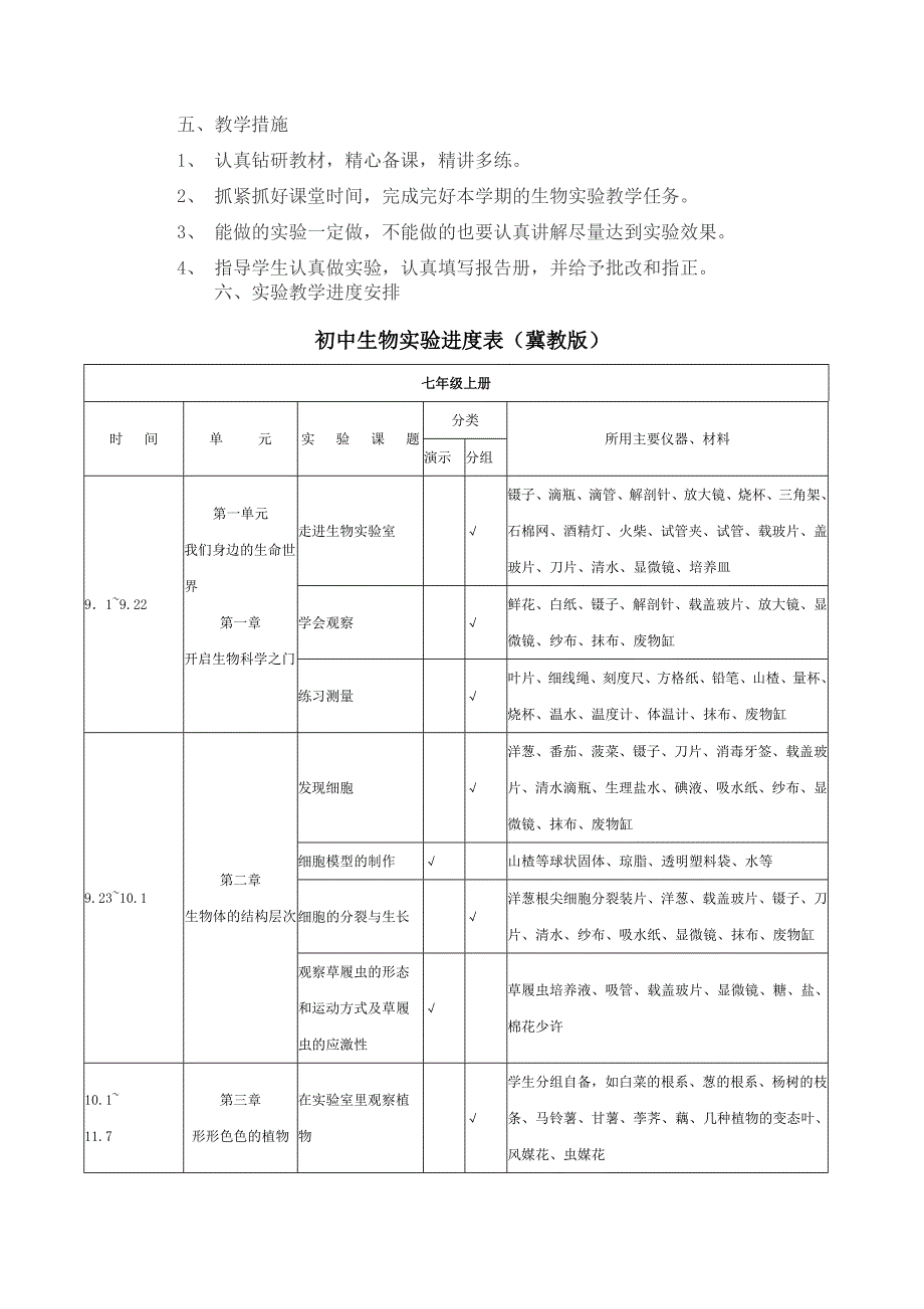 初一上册生物实验教学计划冀少版.doc_第2页