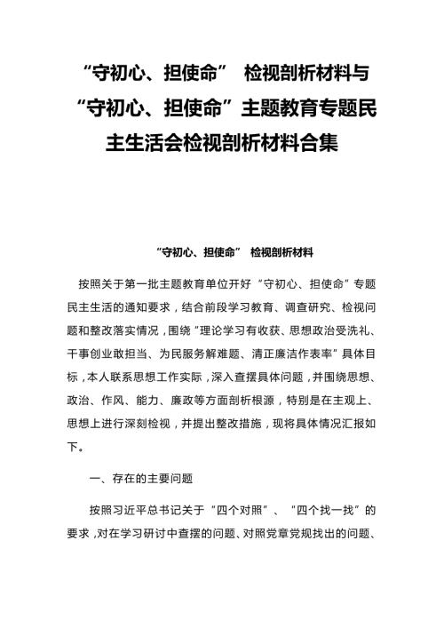 守初心担使命检视剖析材料与守初心担使命主题教育专题民主生活会检视剖析材料合集.docx