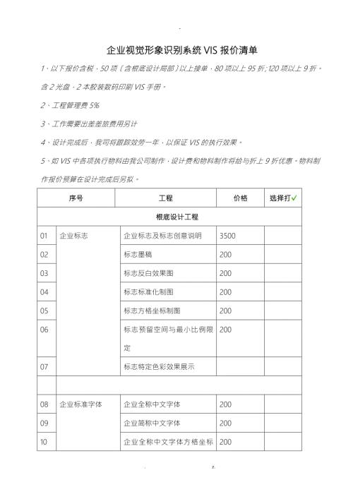企业视觉形象识别系统VIS报价清单.doc