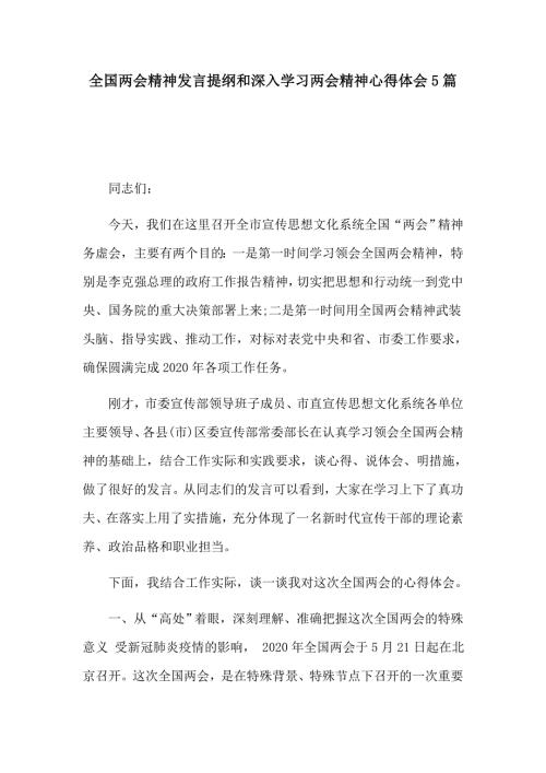 全国两会精神发言提纲和深入学习两会精神心得体会5篇.docx