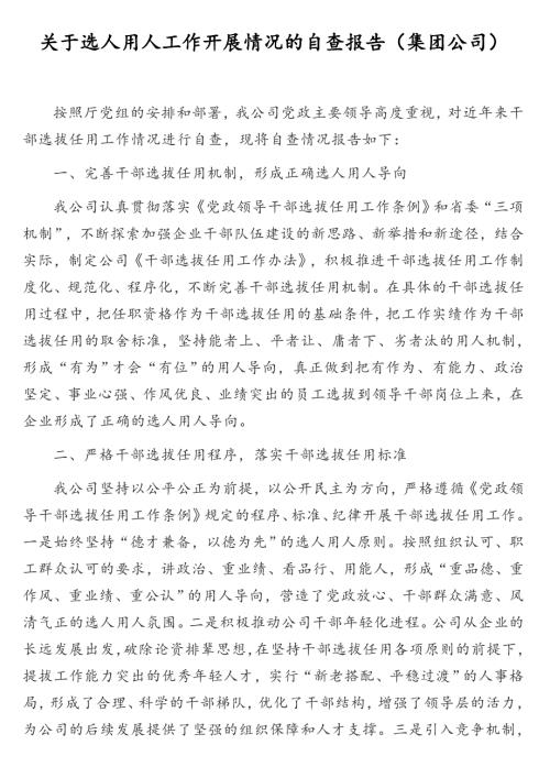 关于2020年选人用人工作开展情况的自查报告集团公司.doc