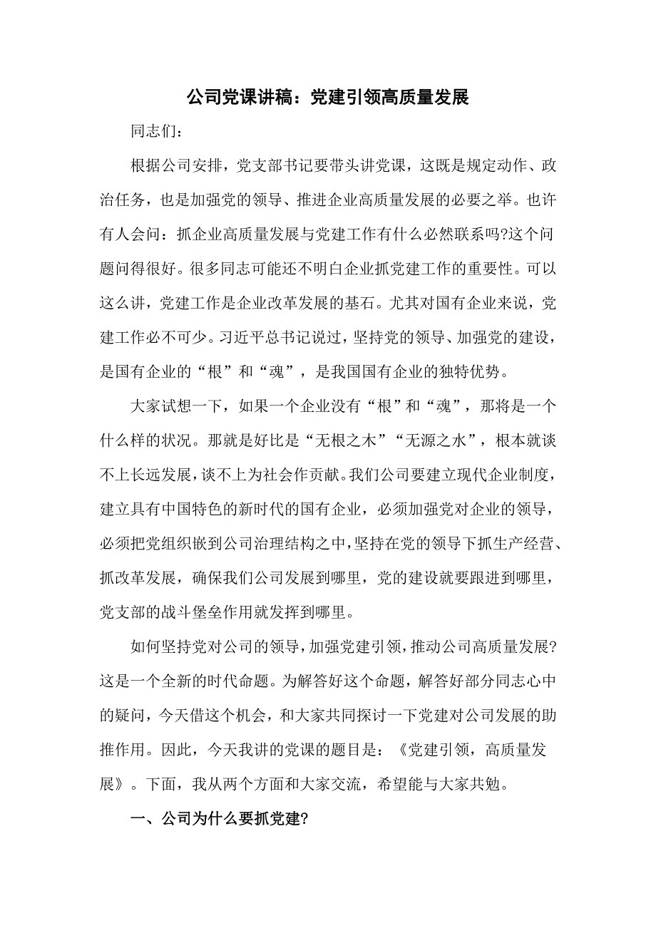 公司党课讲稿党建引领高质量发展.doc_第1页