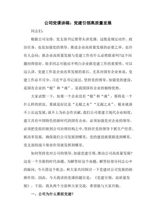 公司党课讲稿党建引领高质量发展.doc