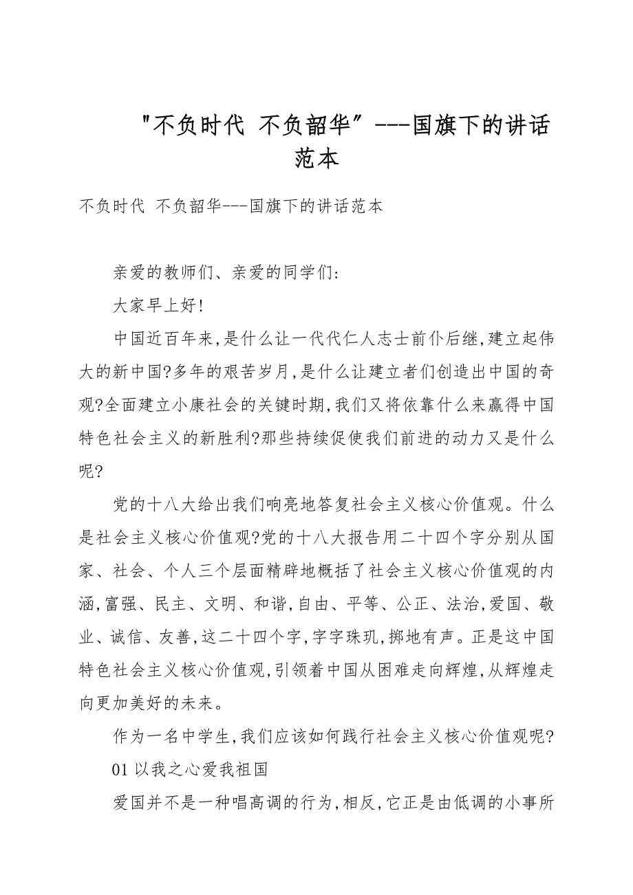 不负时代不负韶华国旗下的讲话例文.docx_第1页