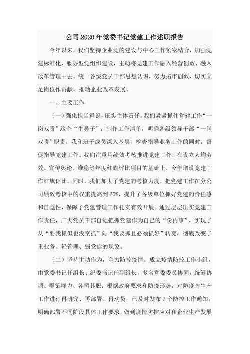 公司2020年党委书记党建工作述职报告九页.doc