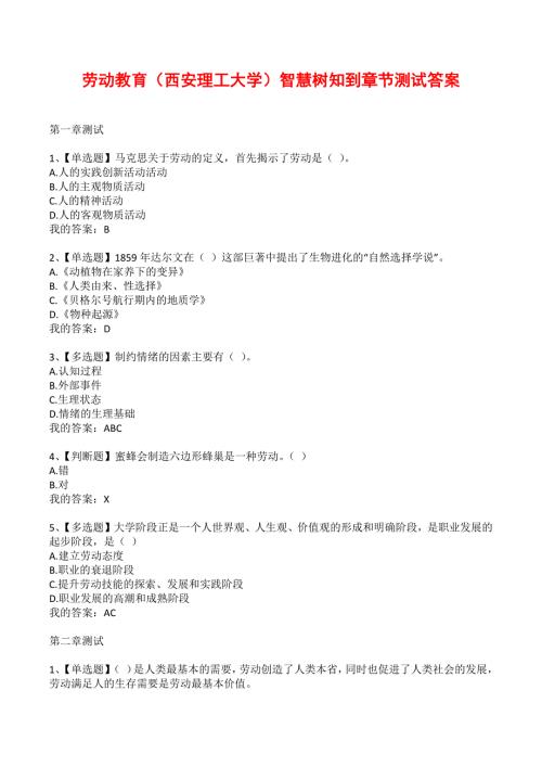 劳动教育西安理工大学智慧树知到章节测试答案.docx