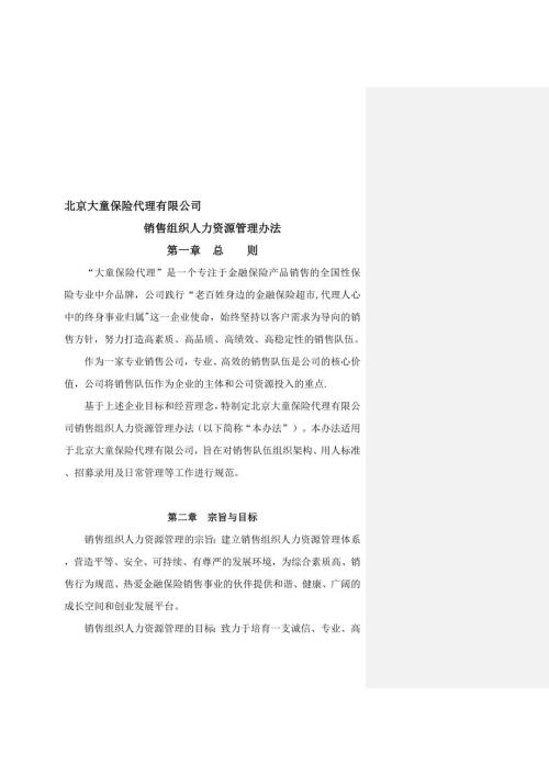 北京大童销售组织人力资源管理办法北京1112发文基本法新版模板范本.doc