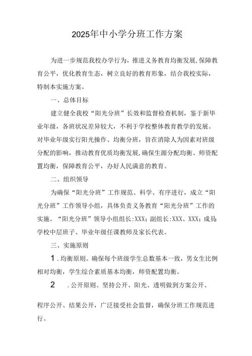 2025年开展中小学分班工作方案 （合计12份）.docx