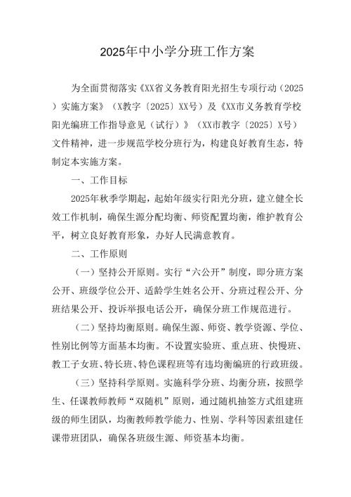 2025年开展《中小学分班》工作方案 （合计6份）.docx