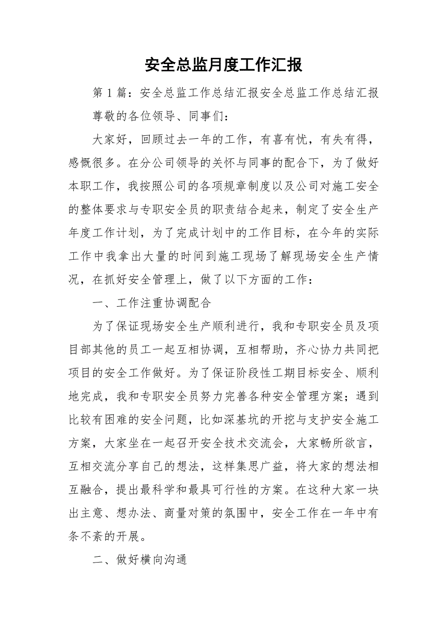 安全总监月度工作汇报.doc_第1页