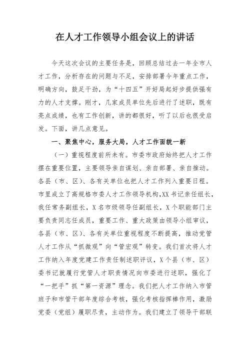 在人才工作领导小组会议上的讲话.doc