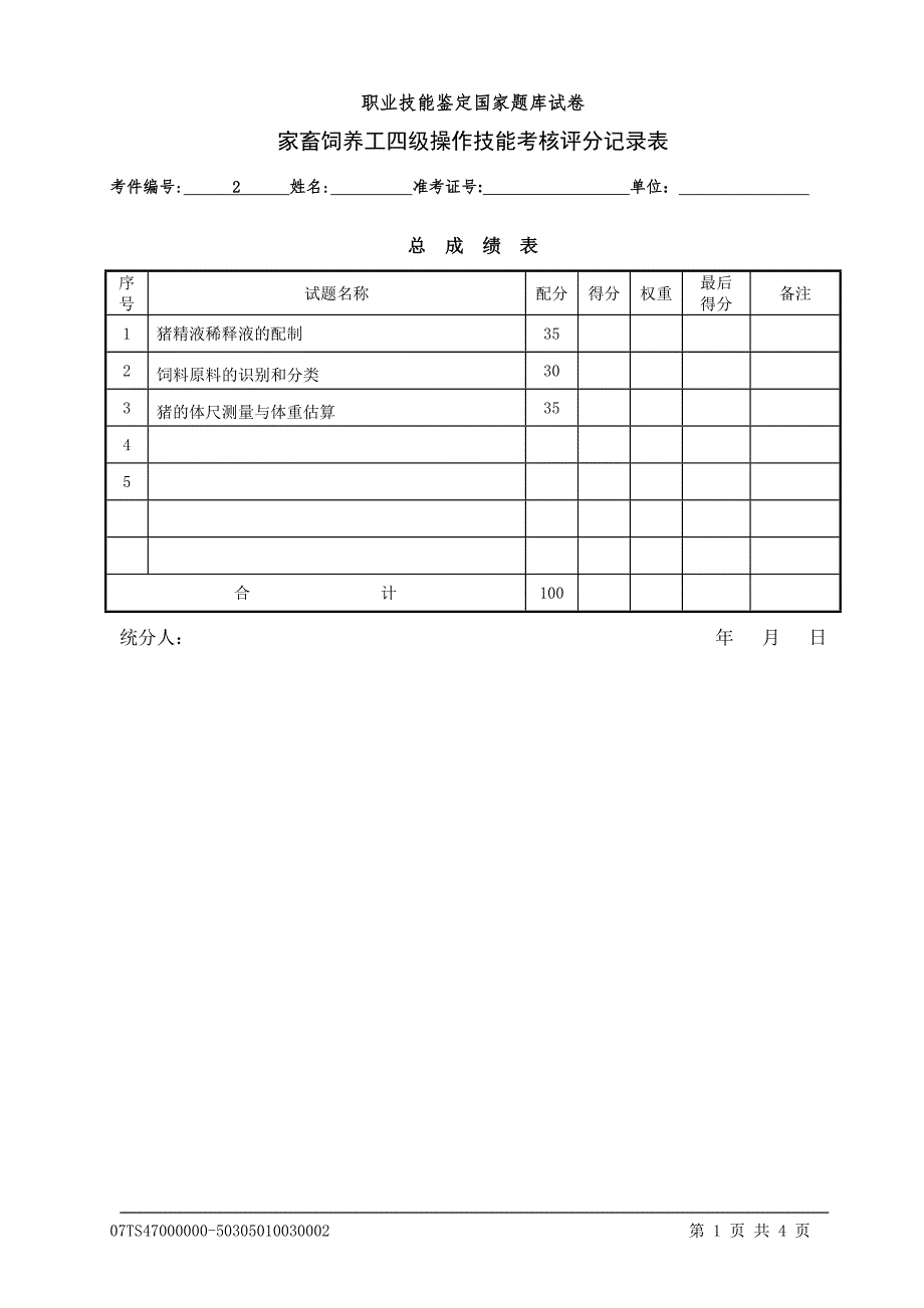 家畜饲养工技能试题2评分表.doc_第1页