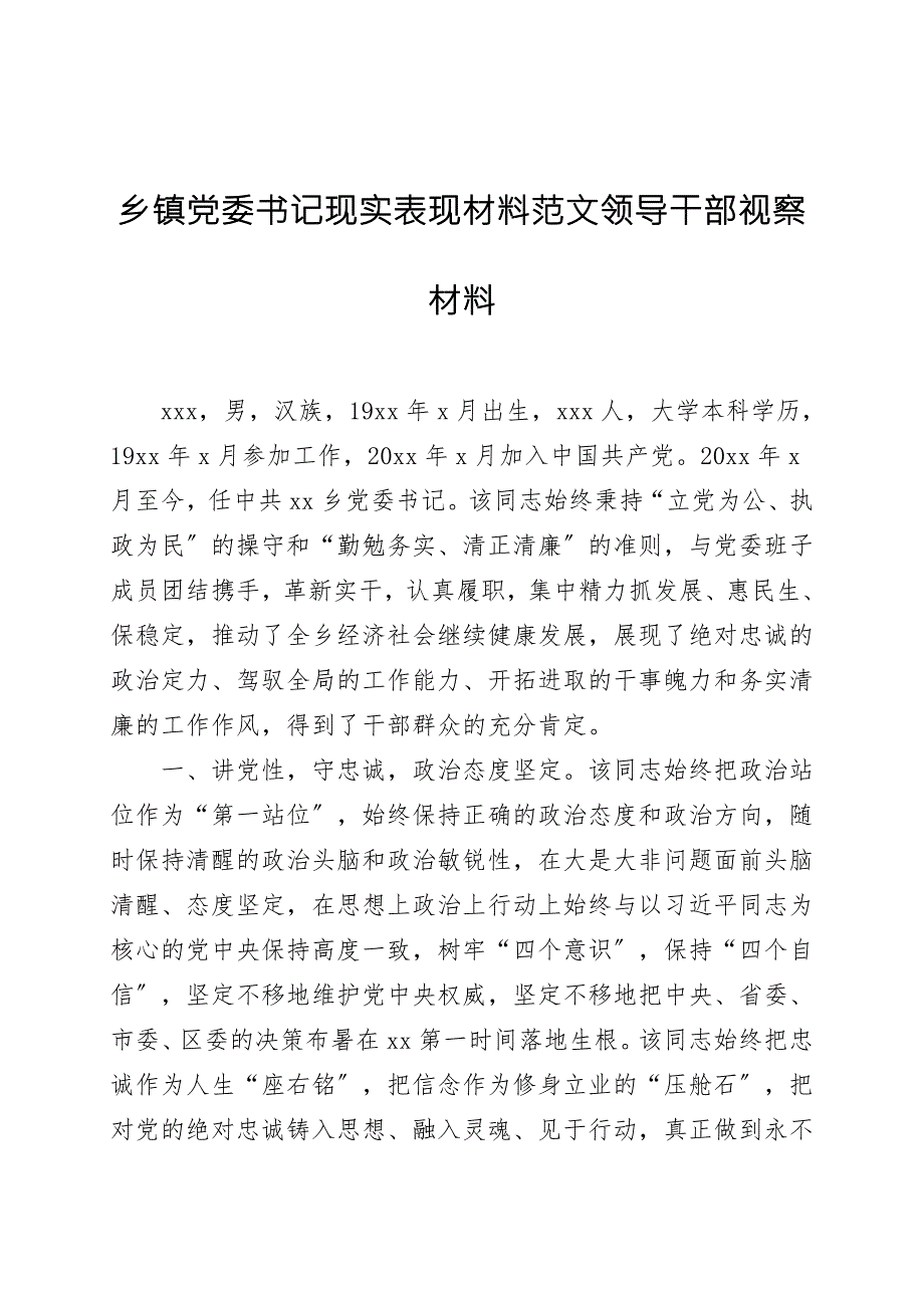 乡镇党委书记现实表现材料范文领导干部考察材料.doc_第1页