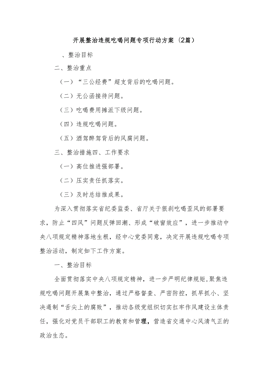 (2篇)开展整治违规吃喝问题专项行动方案.docx_第1页